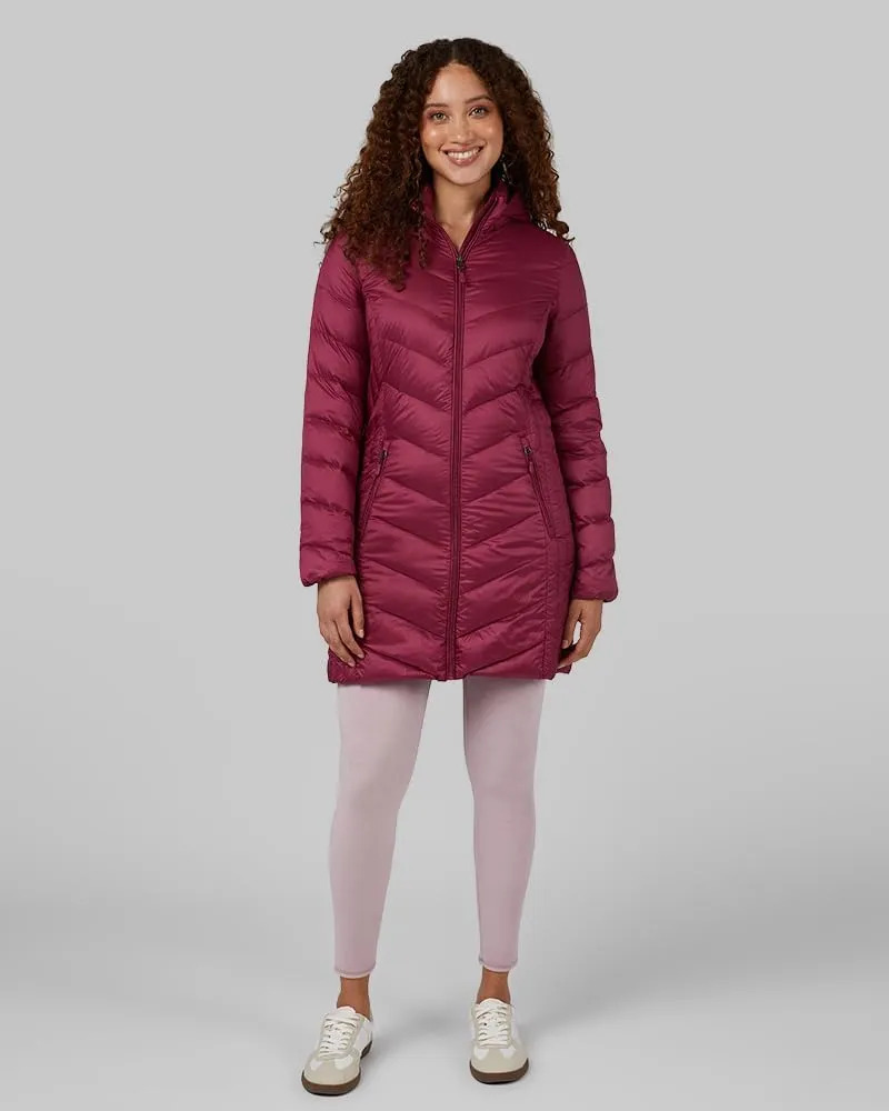 32 Degrees Heat Women's 3/4 Ultra-Light Down Packable Hooded Jacket| Slim Fit | Layering | Water Repellant