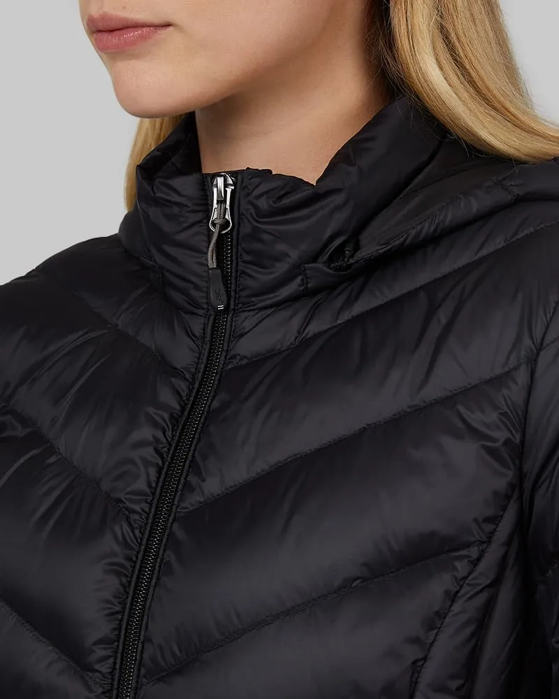 32 Degrees Heat Women's 3/4 Ultra-Light Down Packable Hooded Jacket| Slim Fit | Layering | Water Repellant