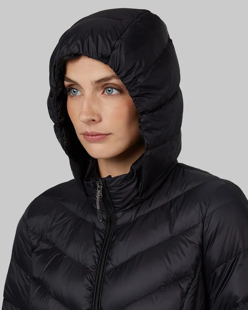 32 Degrees Heat Women's 3/4 Ultra-Light Down Packable Hooded Jacket| Slim Fit | Layering | Water Repellant