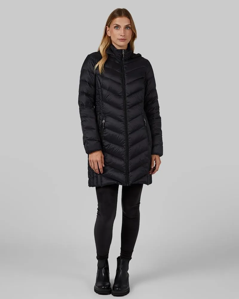 32 Degrees Heat Women's 3/4 Ultra-Light Down Packable Hooded Jacket| Slim Fit | Layering | Water Repellant