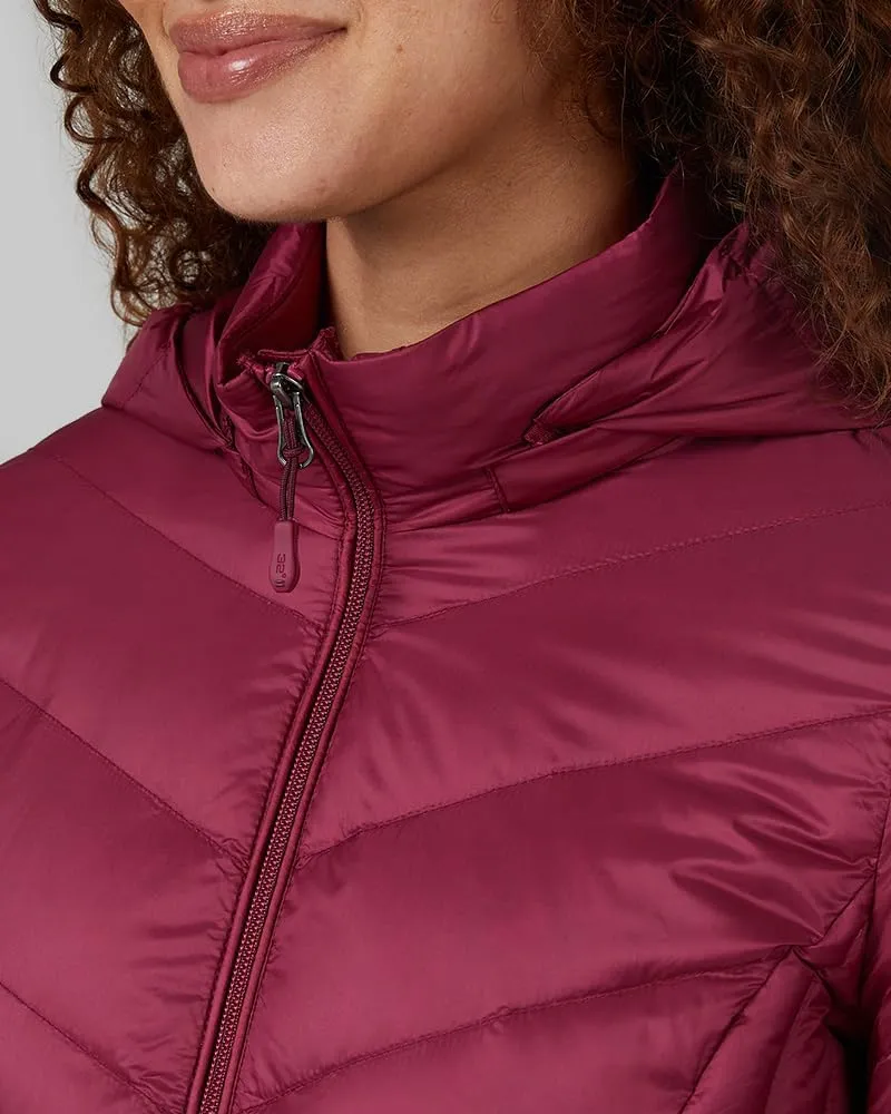 32 Degrees Heat Women's 3/4 Ultra-Light Down Packable Hooded Jacket| Slim Fit | Layering | Water Repellant