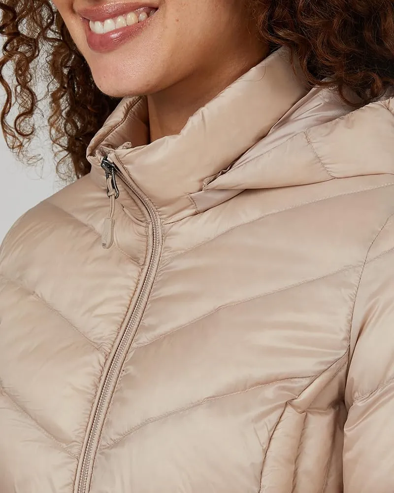 32 Degrees Heat Women's 3/4 Ultra-Light Down Packable Hooded Jacket| Slim Fit | Layering | Water Repellant
