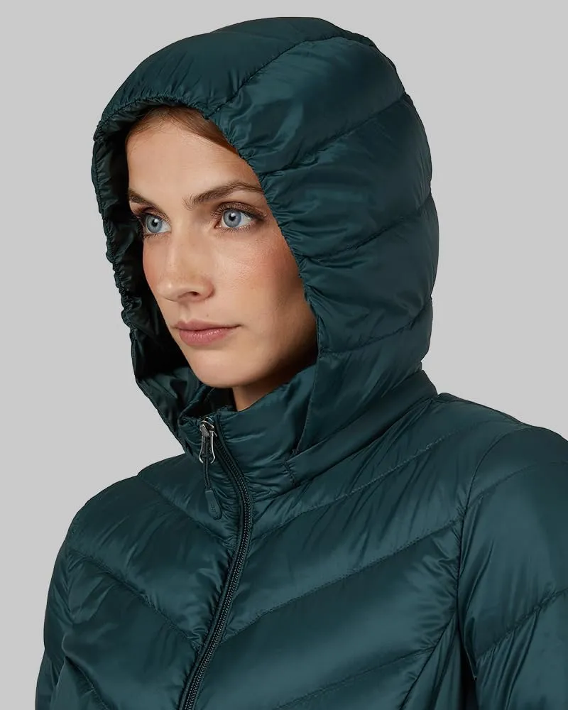 32 Degrees Heat Women's 3/4 Ultra-Light Down Packable Hooded Jacket| Slim Fit | Layering | Water Repellant