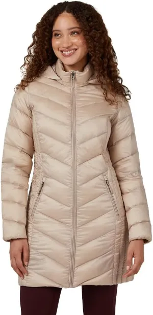 32 Degrees Heat Women's 3/4 Ultra-Light Down Packable Hooded Jacket| Slim Fit | Layering | Water Repellant