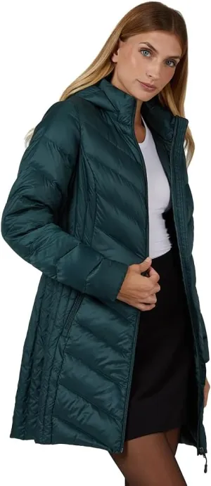 32 Degrees Heat Women's 3/4 Ultra-Light Down Packable Hooded Jacket| Slim Fit | Layering | Water Repellant