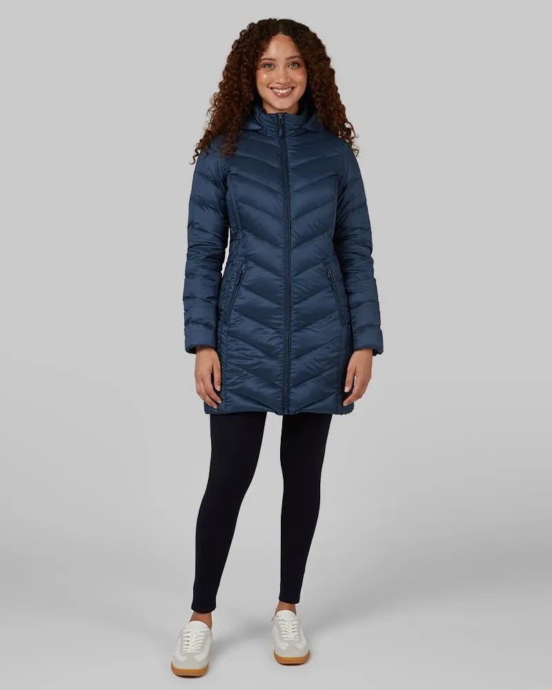 32 Degrees Heat Women's 3/4 Ultra-Light Down Packable Hooded Jacket| Slim Fit | Layering | Water Repellant