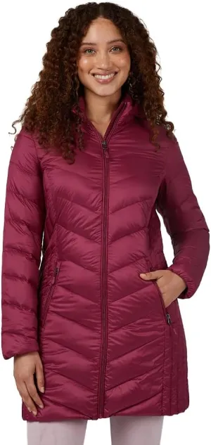 32 Degrees Heat Women's 3/4 Ultra-Light Down Packable Hooded Jacket| Slim Fit | Layering | Water Repellant