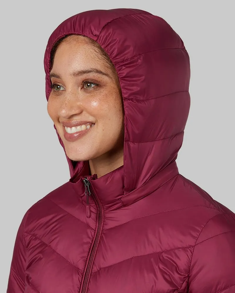 32 Degrees Heat Women's 3/4 Ultra-Light Down Packable Hooded Jacket| Slim Fit | Layering | Water Repellant