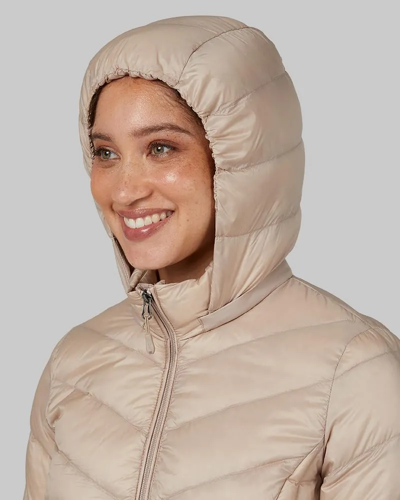 32 Degrees Heat Women's 3/4 Ultra-Light Down Packable Hooded Jacket| Slim Fit | Layering | Water Repellant