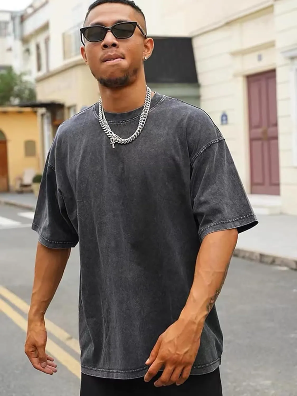 Acid Wash Tshirt Men,Men's Cotton T-Shirts,Streetwear Baggy Washed Unisex Tops,Acid Wash Casual Hip Hop Tops