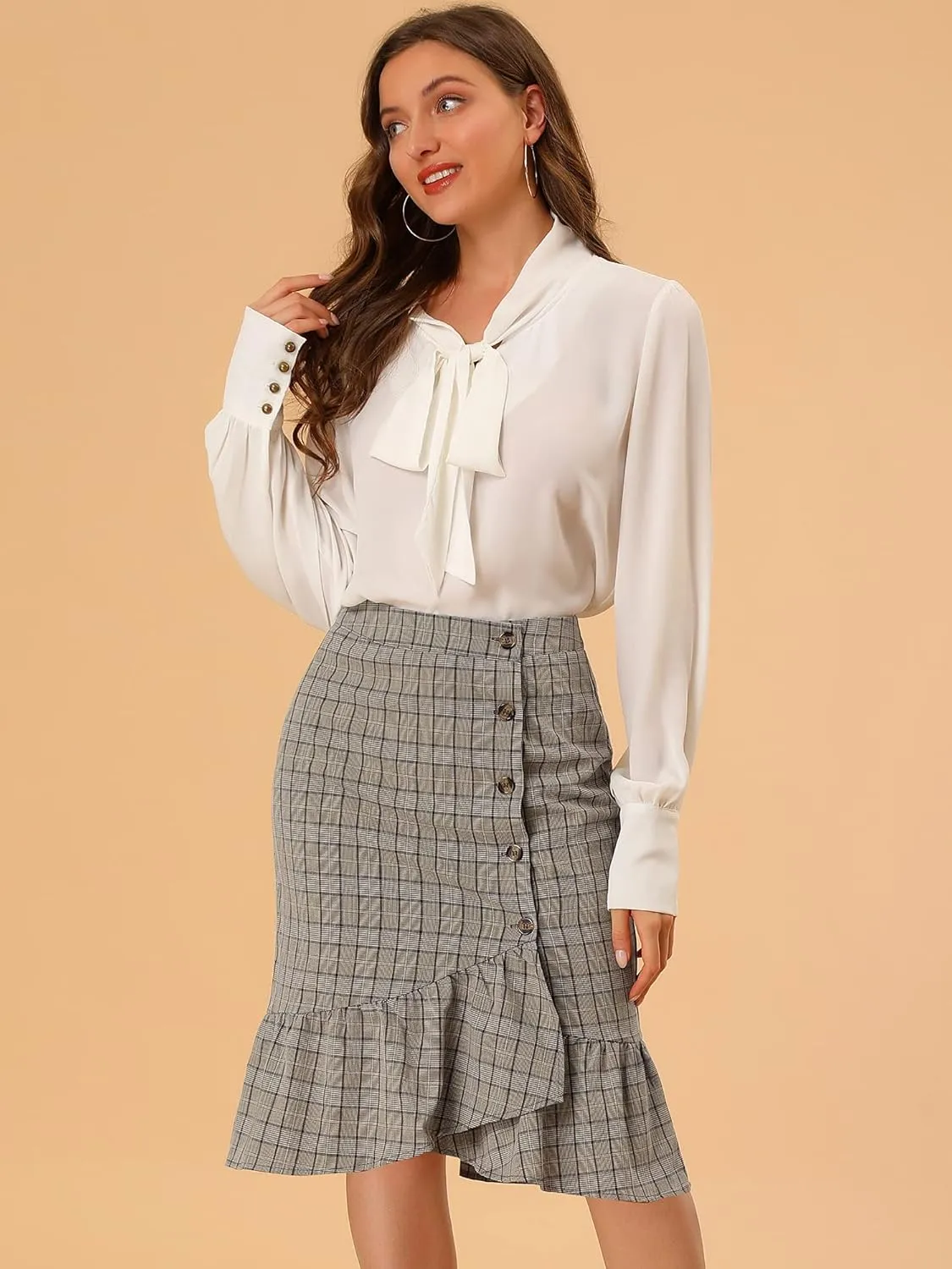 Allegra K Women's Plaid Asymmetric Fishtail Button Work Office Ruffle Pencil Skirt