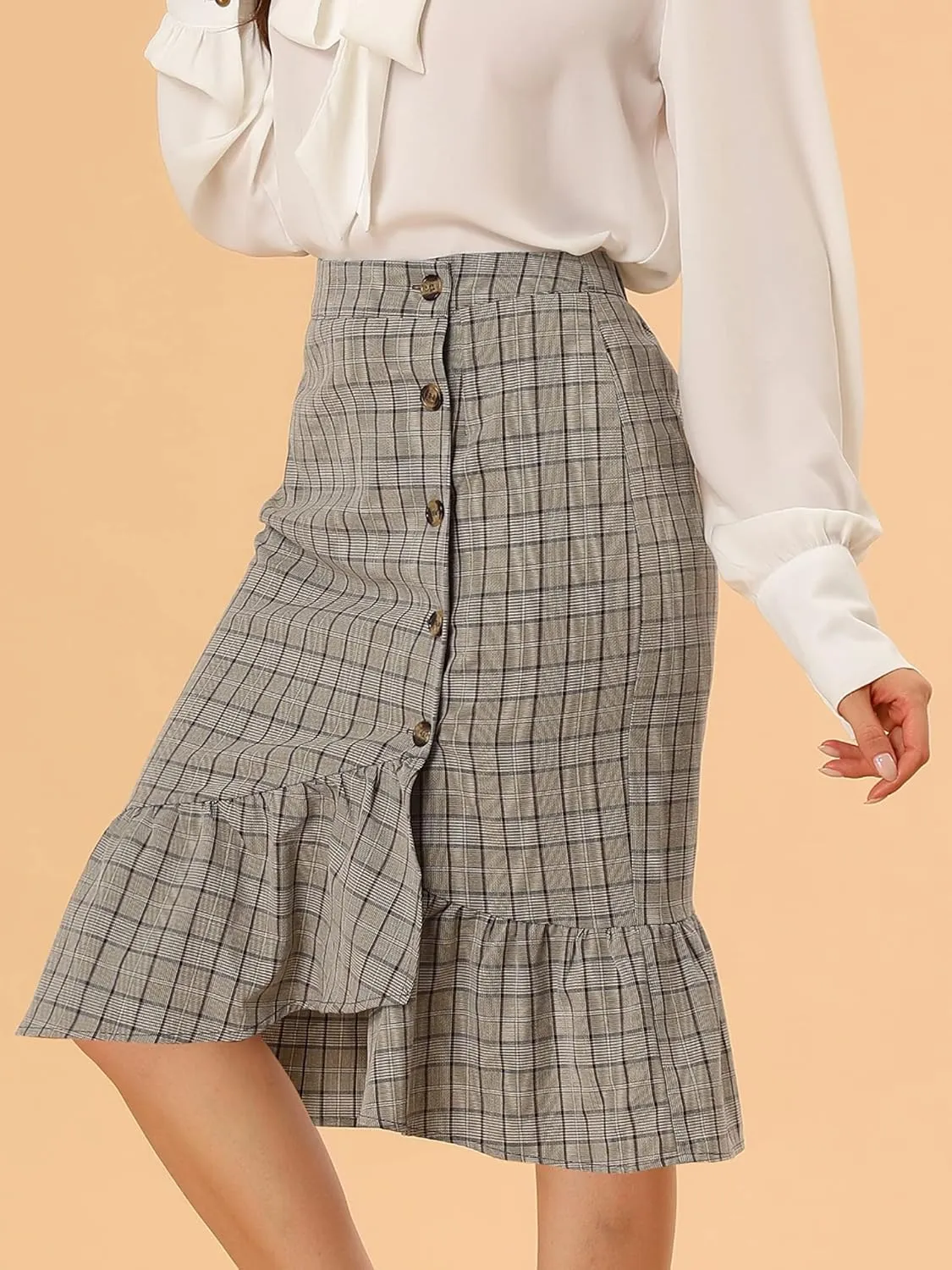 Allegra K Women's Plaid Asymmetric Fishtail Button Work Office Ruffle Pencil Skirt