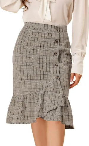 Allegra K Women's Plaid Asymmetric Fishtail Button Work Office Ruffle Pencil Skirt