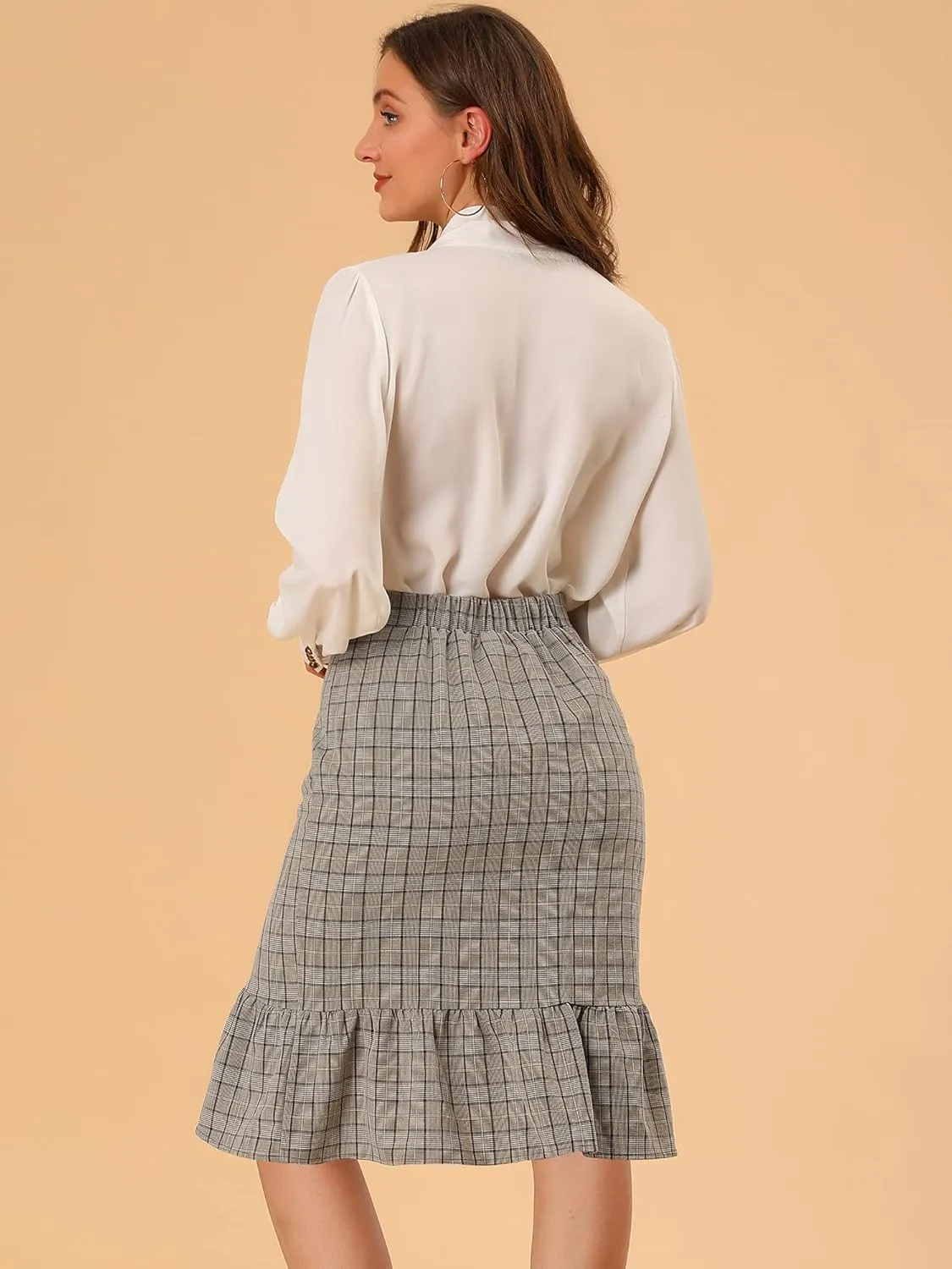 Allegra K Women's Plaid Asymmetric Fishtail Button Work Office Ruffle Pencil Skirt