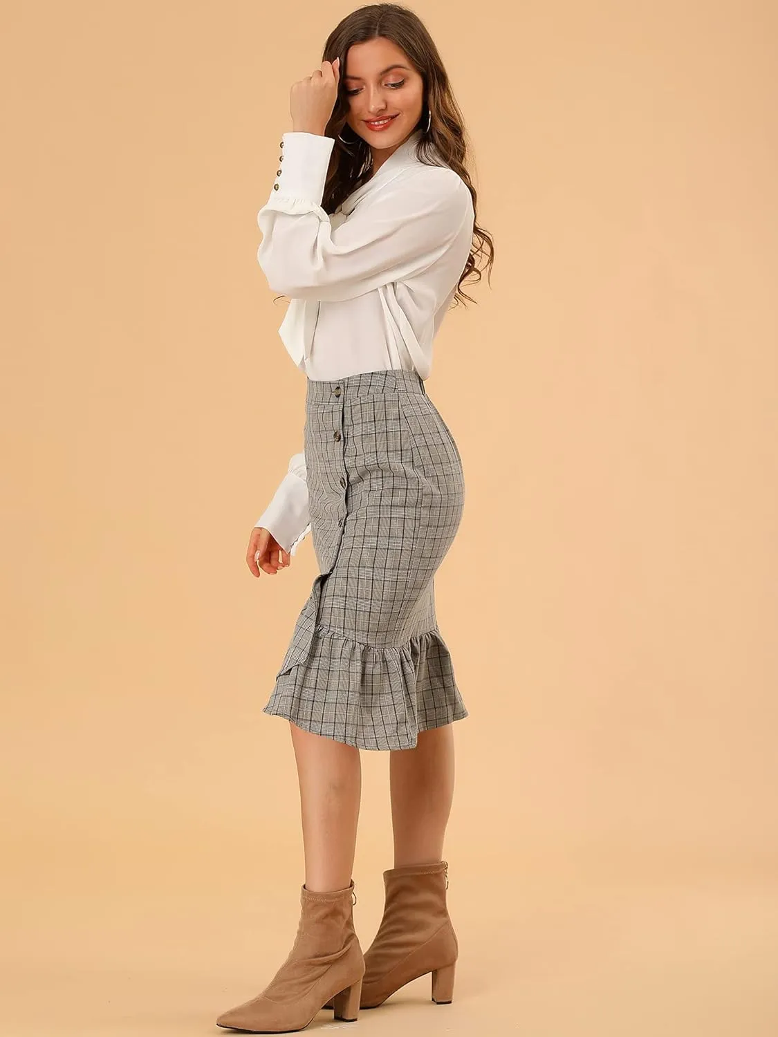 Allegra K Women's Plaid Asymmetric Fishtail Button Work Office Ruffle Pencil Skirt