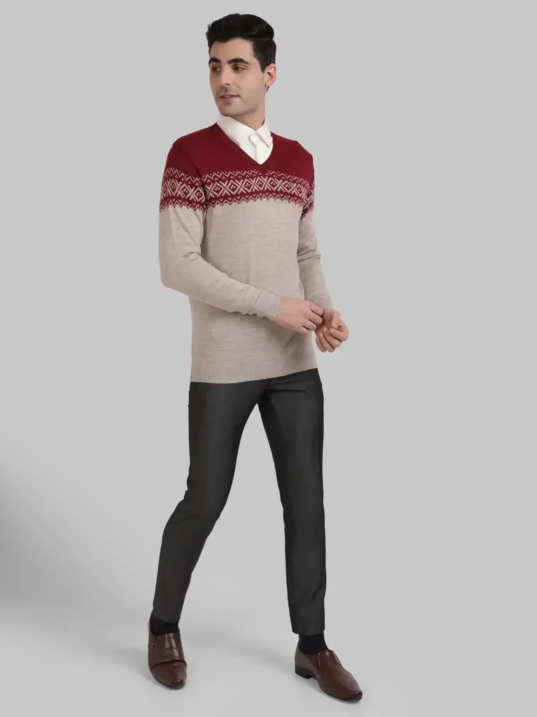 ColorPlus Men Maroon Tailored Fit Jacquard Cotton Full Sleeve V Neck Collar Sweaters