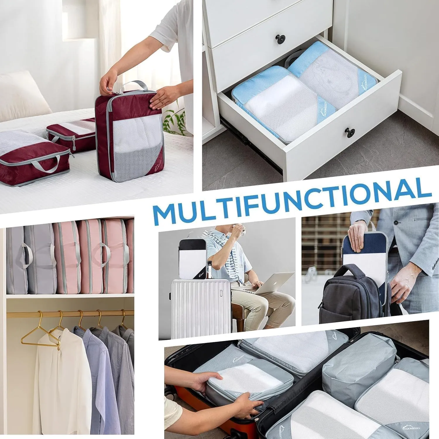 Compression Packing Cubes, 5 Set Packing Cubes for Travel Compression, Lightweight Compressible Package Organizer for Carry On and Suitcases, Light Grey