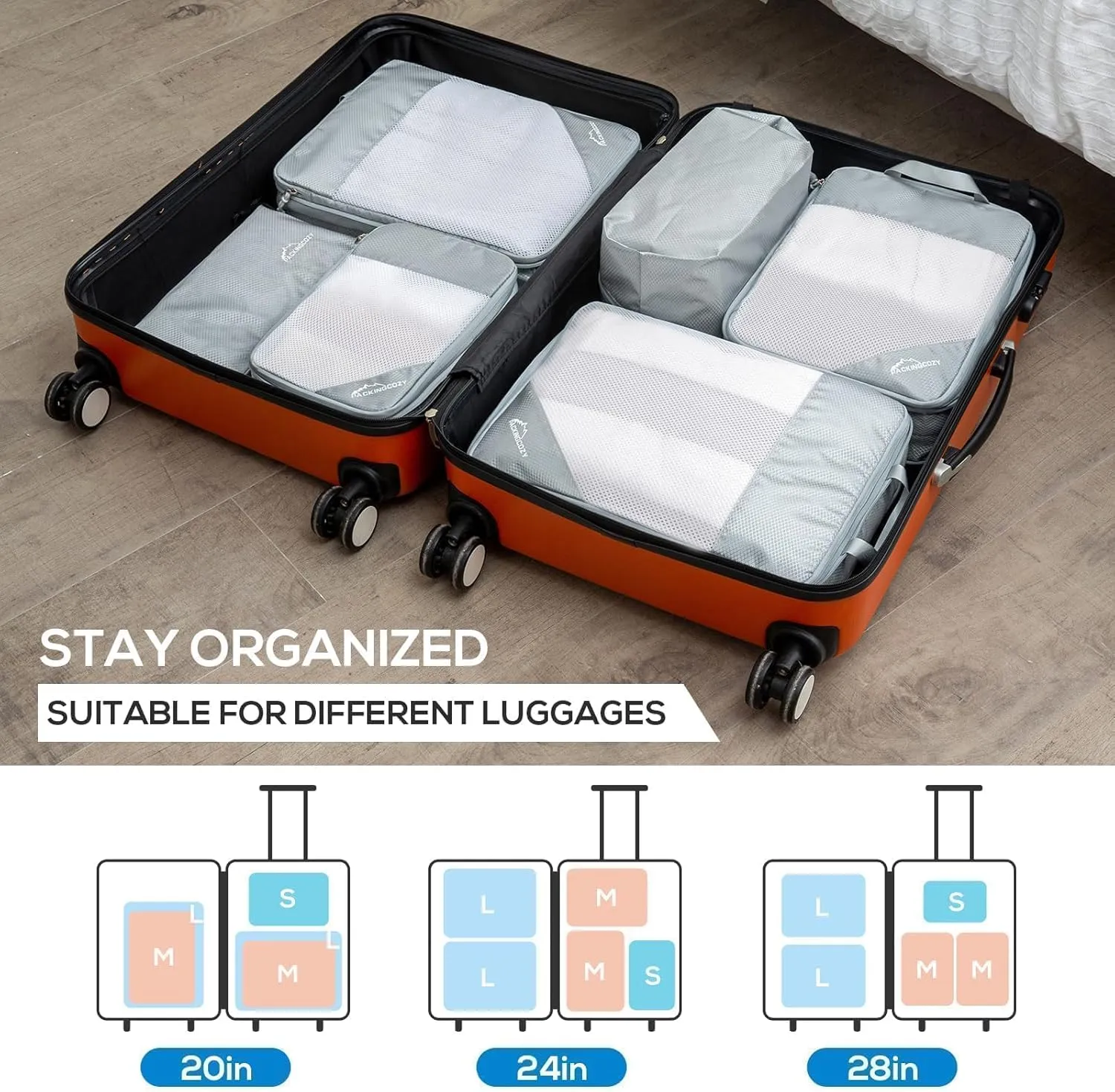 Compression Packing Cubes, 5 Set Packing Cubes for Travel Compression, Lightweight Compressible Package Organizer for Carry On and Suitcases, Light Grey