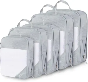 Compression Packing Cubes, 5 Set Packing Cubes for Travel Compression, Lightweight Compressible Package Organizer for Carry On and Suitcases, Light Grey