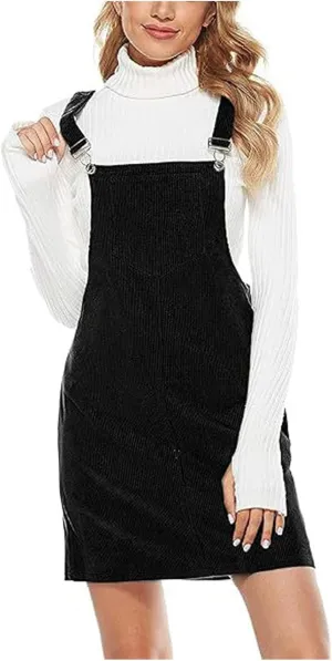 Corduroy Overall Dress for Women Adjustable Strap Jumper Mini Dresses with Pockets Summer Fashion Overalls Skirtall A-Black