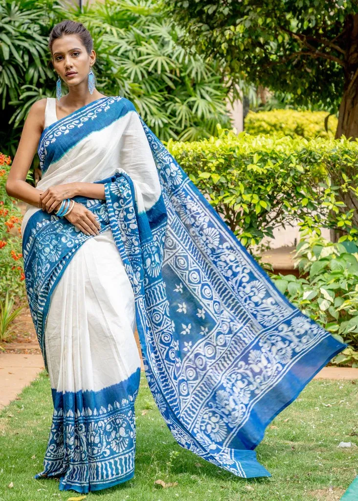 COTTON BATIK BLUE & WHITE SAREE