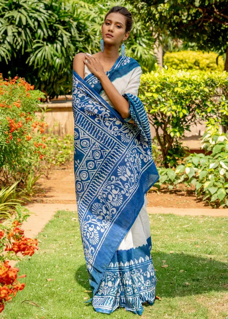 COTTON BATIK BLUE & WHITE SAREE
