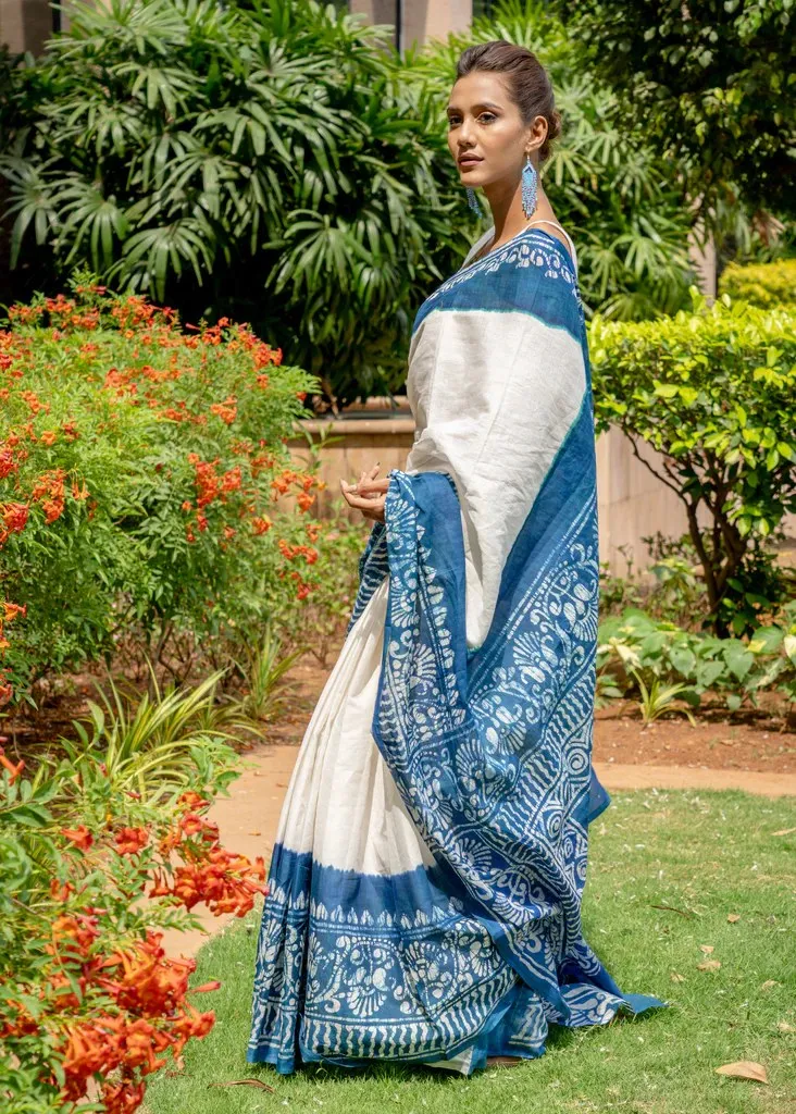 COTTON BATIK BLUE & WHITE SAREE