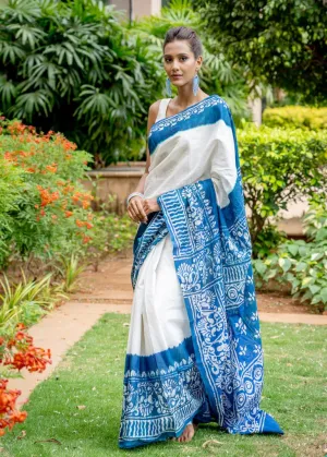 COTTON BATIK BLUE & WHITE SAREE
