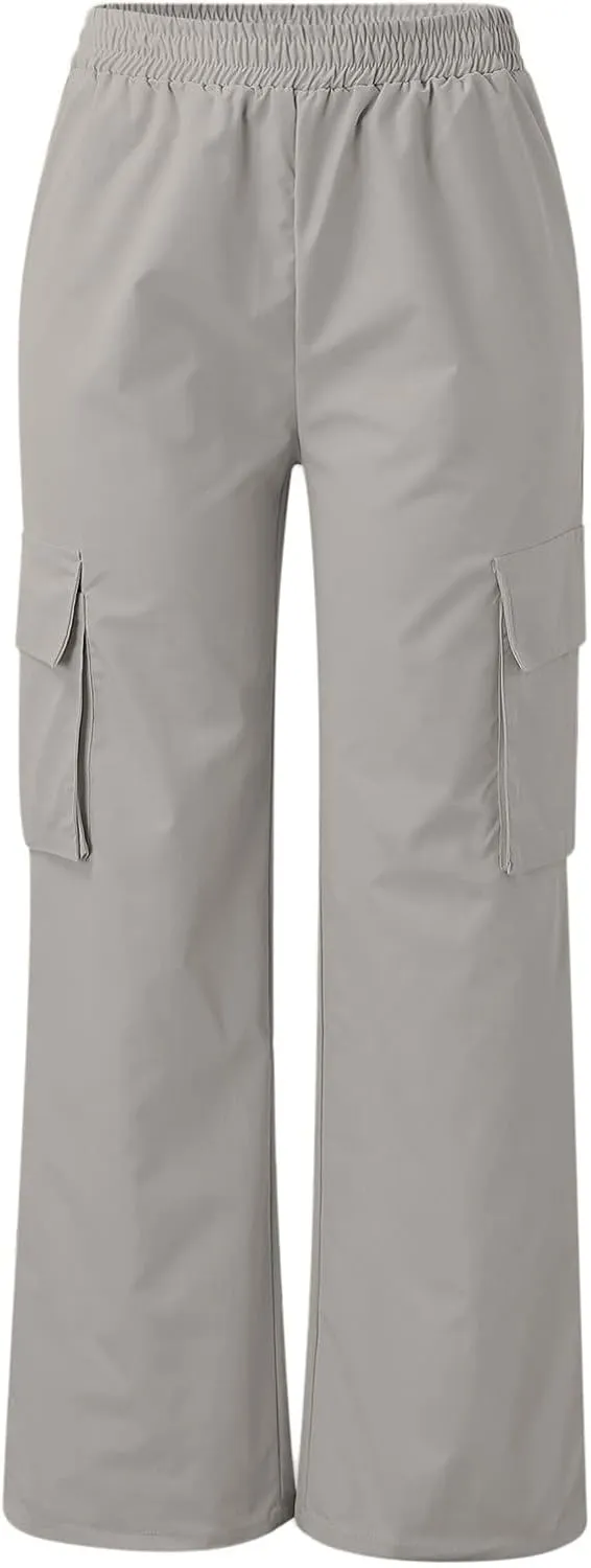 eoeioa Womens High Waist Trendy Y2K Cargo Pants Baggy Summer Straight Pockets Trousers Solid Wide Leg Overalls Long Pants
