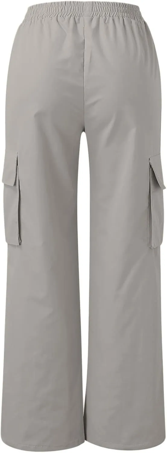eoeioa Womens High Waist Trendy Y2K Cargo Pants Baggy Summer Straight Pockets Trousers Solid Wide Leg Overalls Long Pants