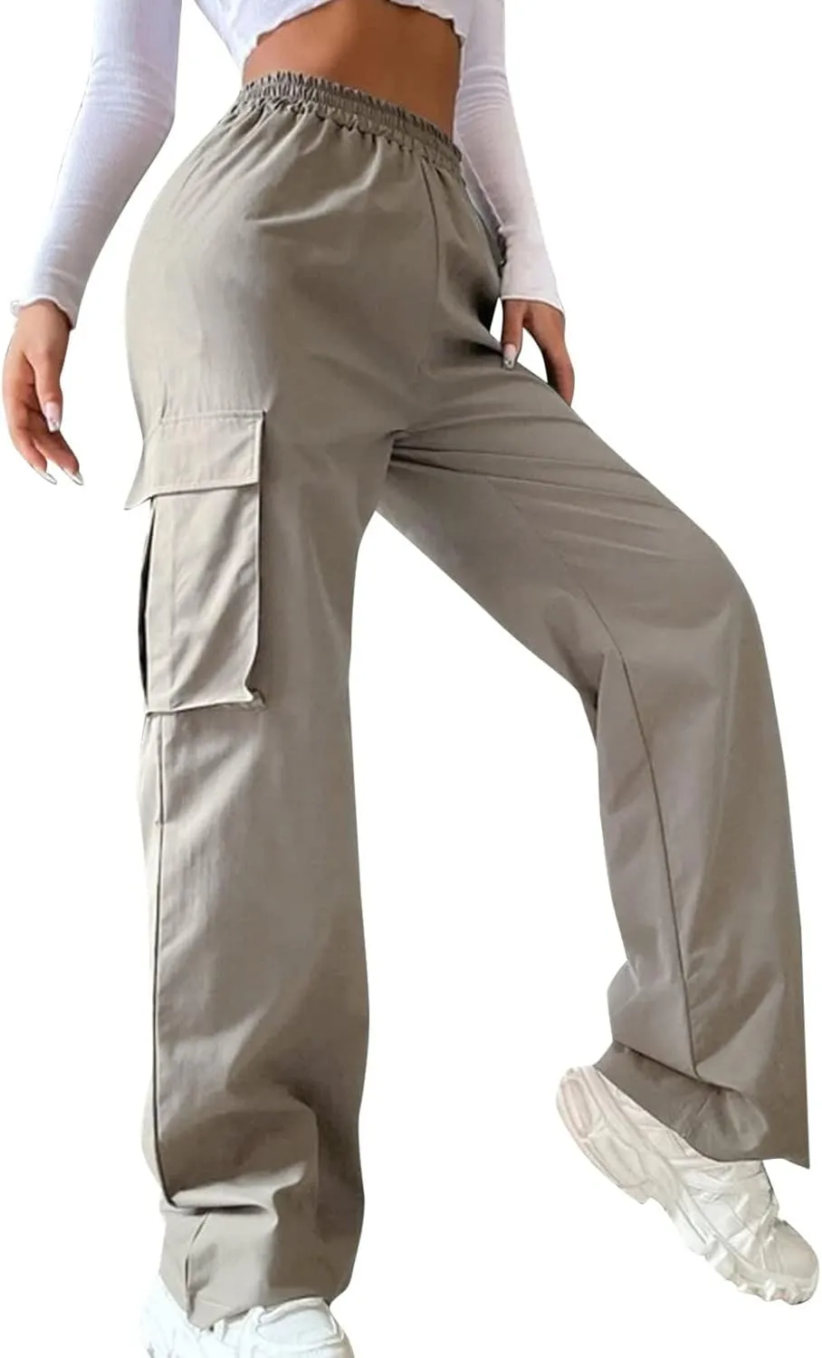 eoeioa Womens High Waist Trendy Y2K Cargo Pants Baggy Summer Straight Pockets Trousers Solid Wide Leg Overalls Long Pants