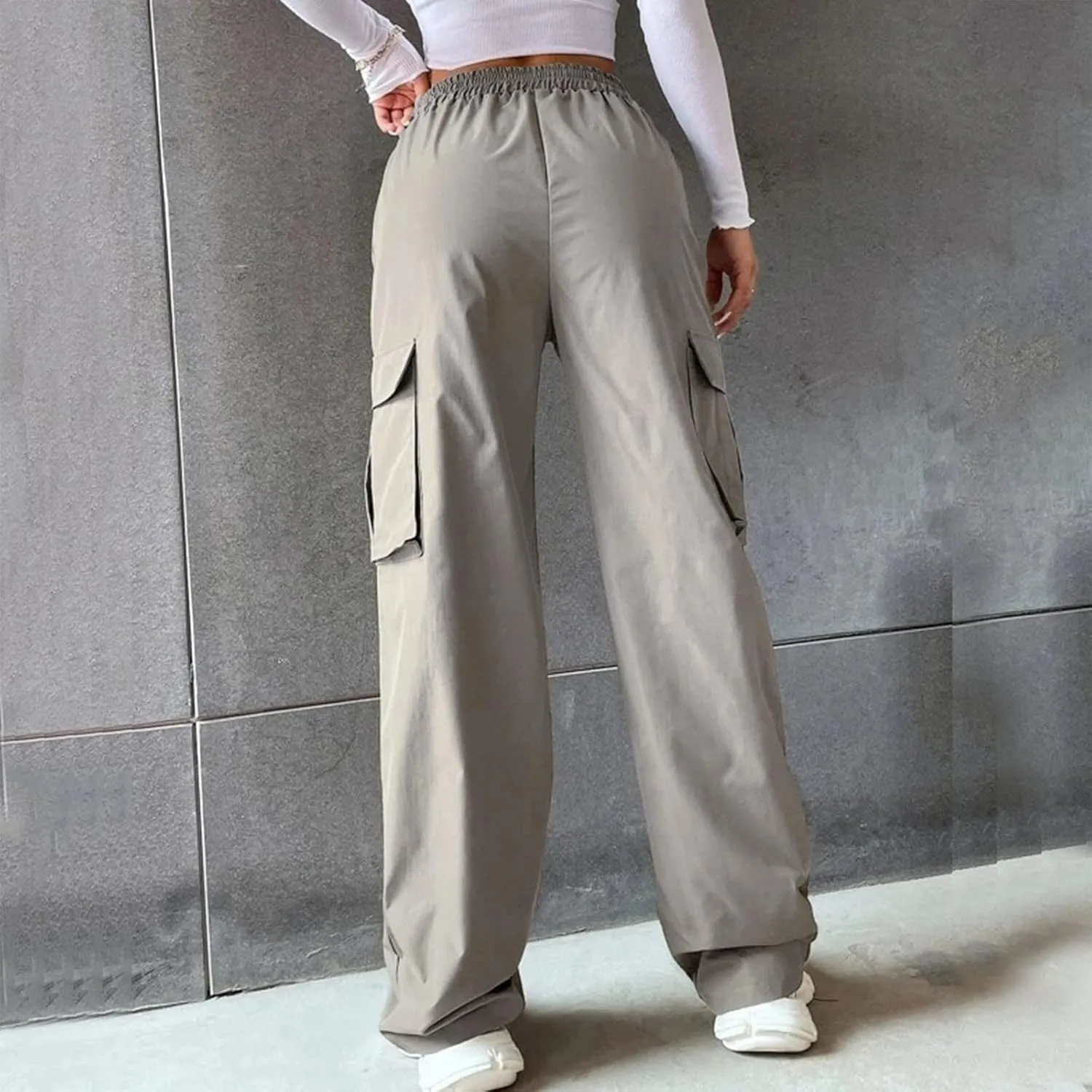 eoeioa Womens High Waist Trendy Y2K Cargo Pants Baggy Summer Straight Pockets Trousers Solid Wide Leg Overalls Long Pants
