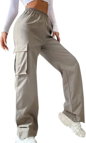 eoeioa Womens High Waist Trendy Y2K Cargo Pants Baggy Summer Straight Pockets Trousers Solid Wide Leg Overalls Long Pants