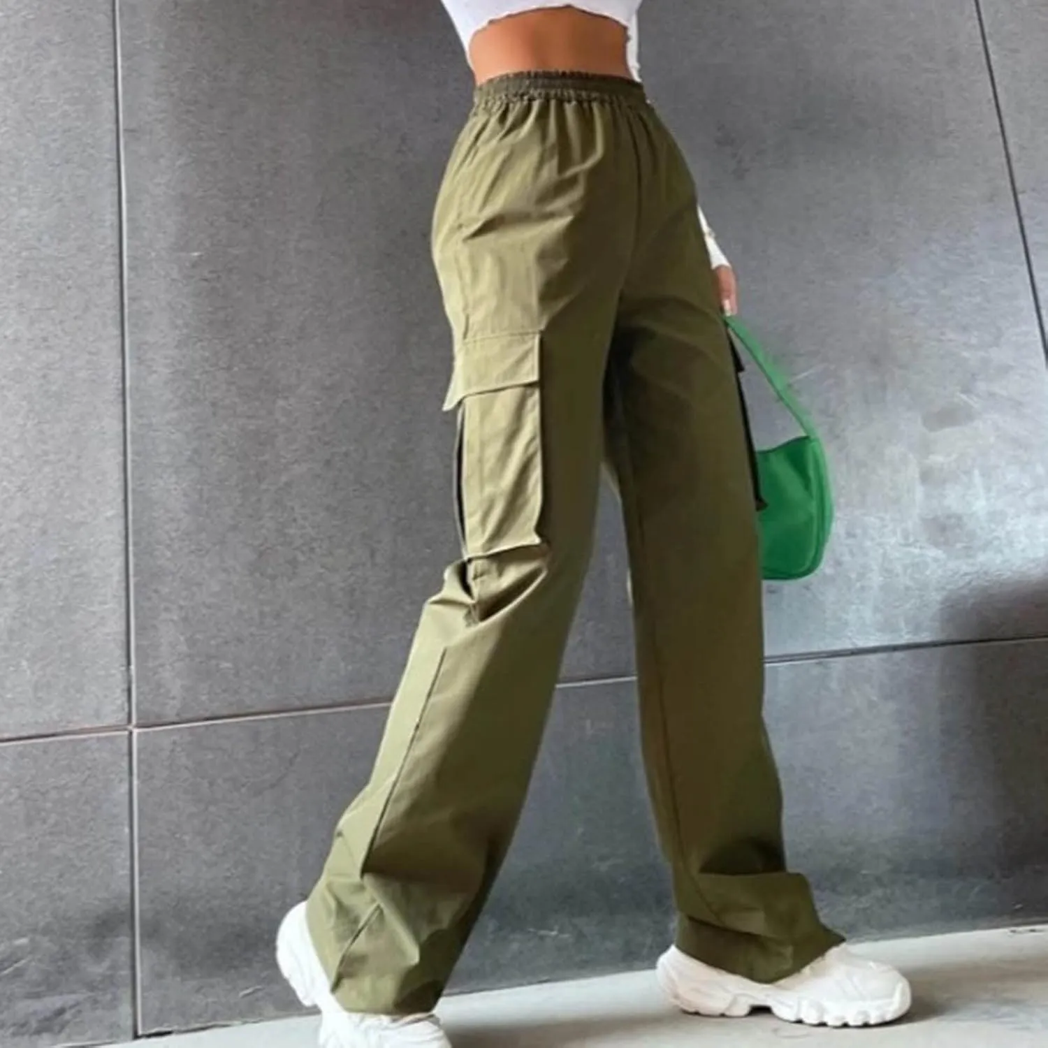 eoeioa Womens High Waist Trendy Y2K Cargo Pants Baggy Summer Straight Pockets Trousers Solid Wide Leg Overalls Long Pants
