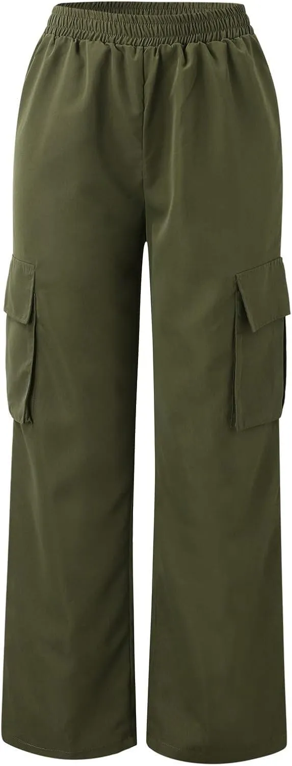 eoeioa Womens High Waist Trendy Y2K Cargo Pants Baggy Summer Straight Pockets Trousers Solid Wide Leg Overalls Long Pants