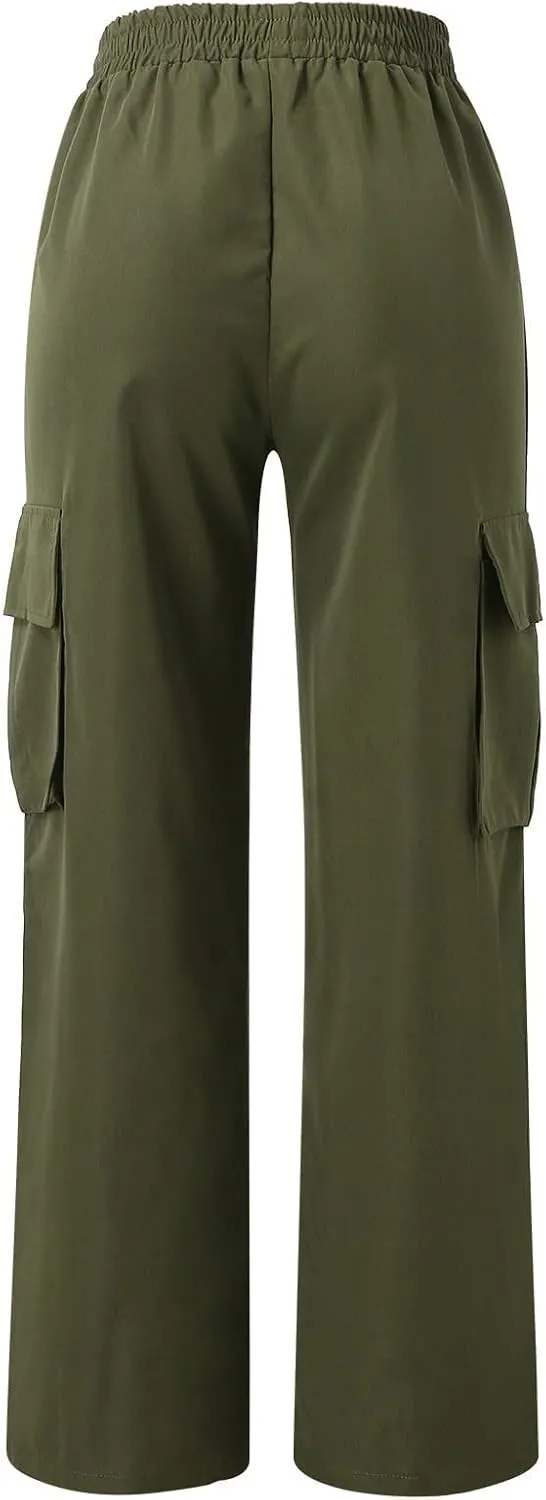 eoeioa Womens High Waist Trendy Y2K Cargo Pants Baggy Summer Straight Pockets Trousers Solid Wide Leg Overalls Long Pants