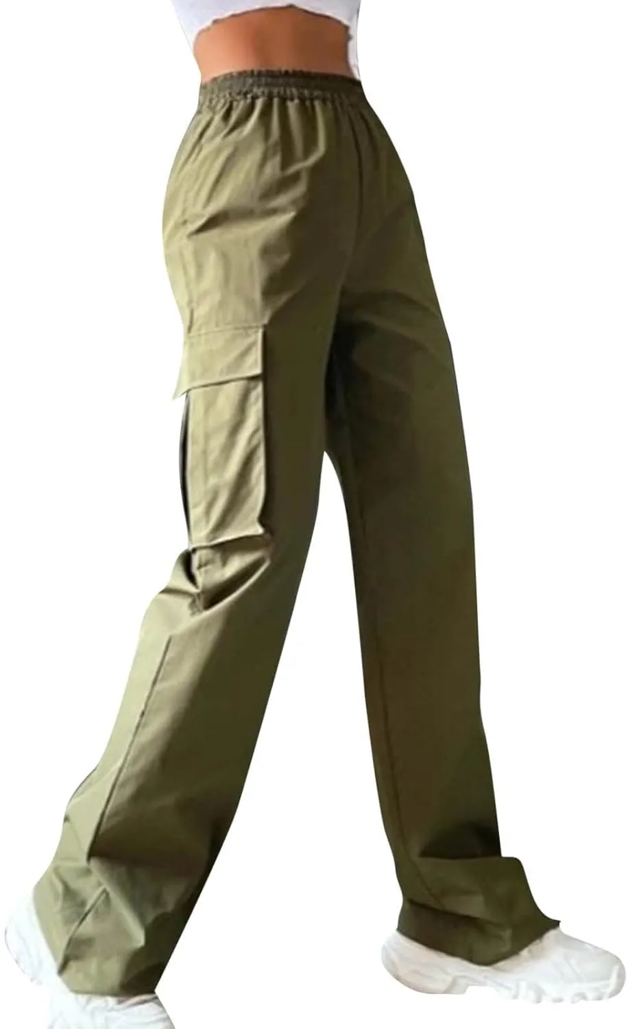 eoeioa Womens High Waist Trendy Y2K Cargo Pants Baggy Summer Straight Pockets Trousers Solid Wide Leg Overalls Long Pants