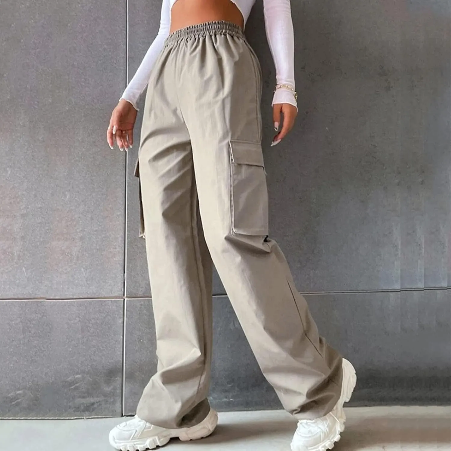 eoeioa Womens High Waist Trendy Y2K Cargo Pants Baggy Summer Straight Pockets Trousers Solid Wide Leg Overalls Long Pants