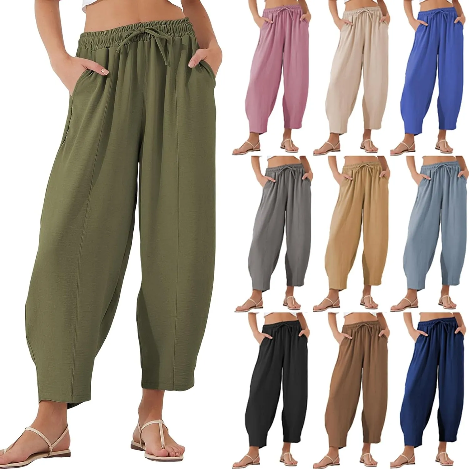 fanmpghleoo Linen Harem Pants Women with Pockets Drawstring Wide Leg Pirate Pants High Waisted Capri Joggers with Pockets