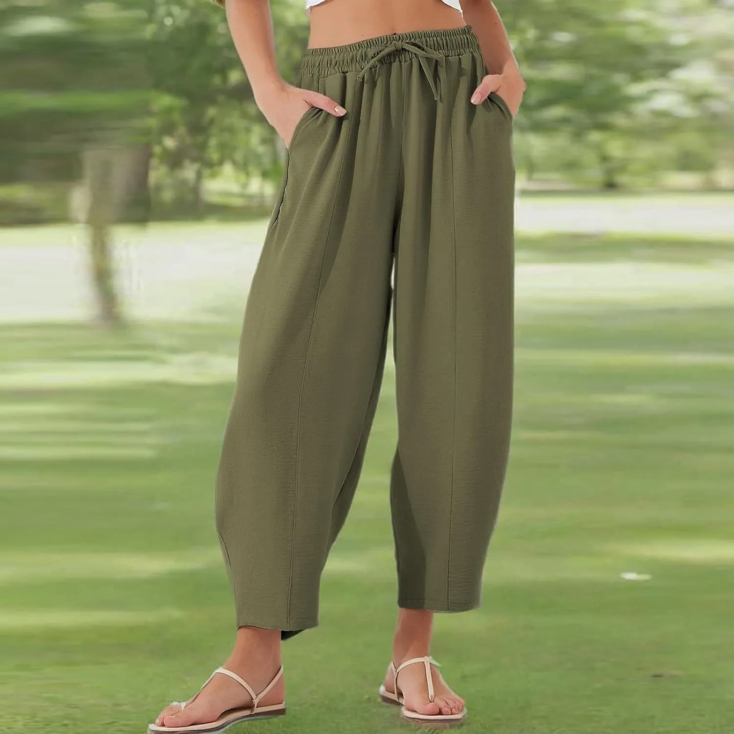 fanmpghleoo Linen Harem Pants Women with Pockets Drawstring Wide Leg Pirate Pants High Waisted Capri Joggers with Pockets