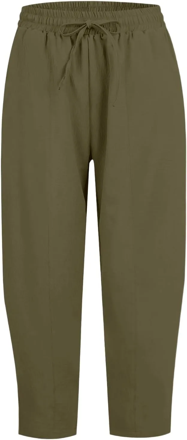 fanmpghleoo Linen Harem Pants Women with Pockets Drawstring Wide Leg Pirate Pants High Waisted Capri Joggers with Pockets