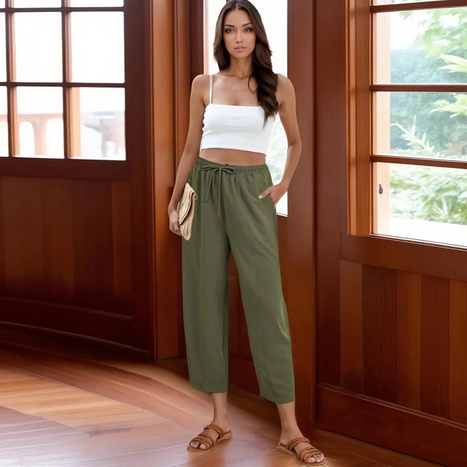 fanmpghleoo Linen Harem Pants Women with Pockets Drawstring Wide Leg Pirate Pants High Waisted Capri Joggers with Pockets