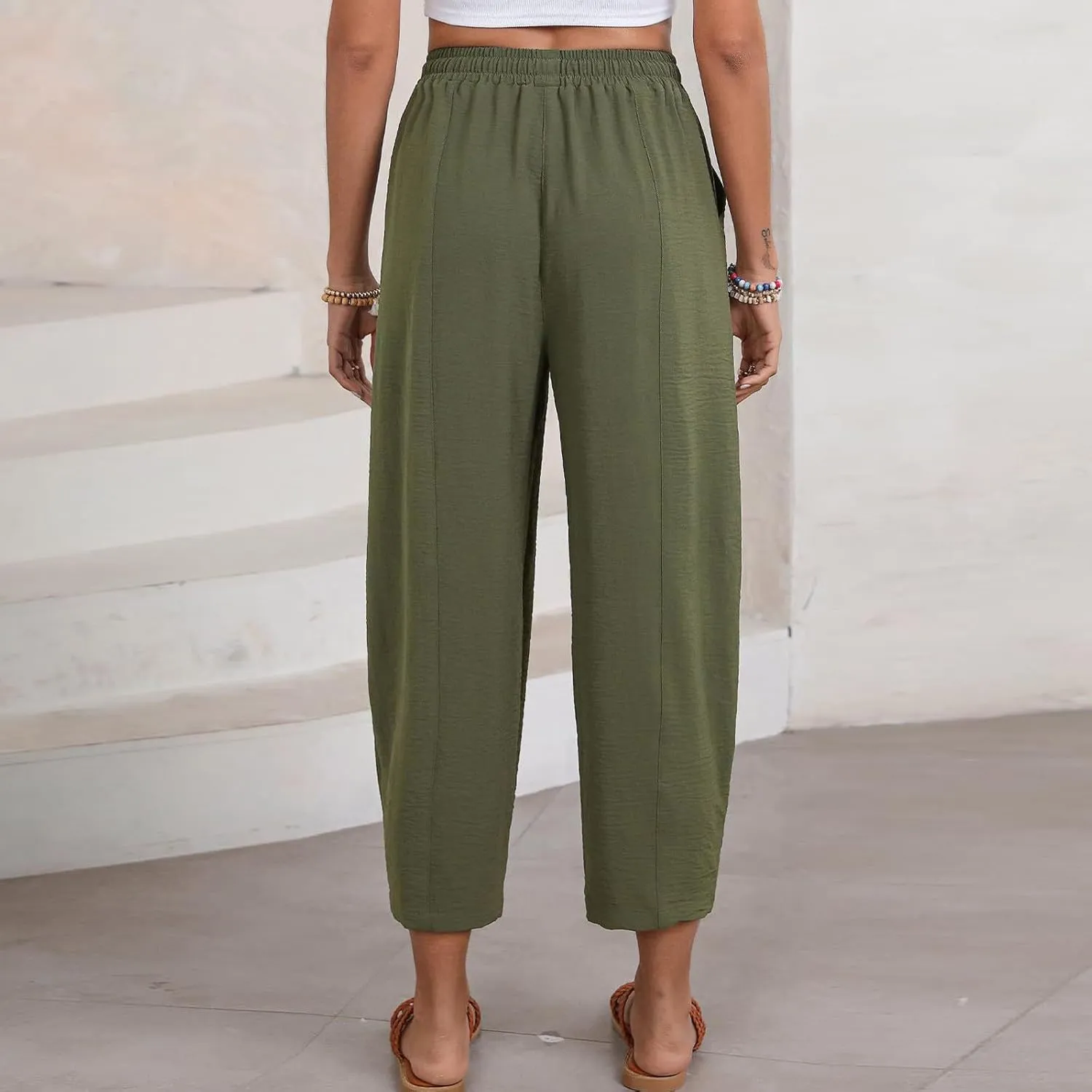 fanmpghleoo Linen Harem Pants Women with Pockets Drawstring Wide Leg Pirate Pants High Waisted Capri Joggers with Pockets