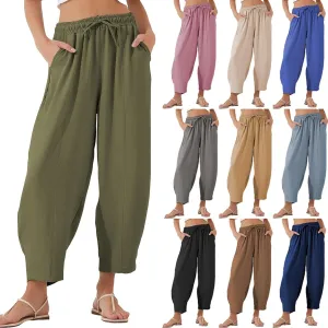 fanmpghleoo Linen Harem Pants Women with Pockets Drawstring Wide Leg Pirate Pants High Waisted Capri Joggers with Pockets