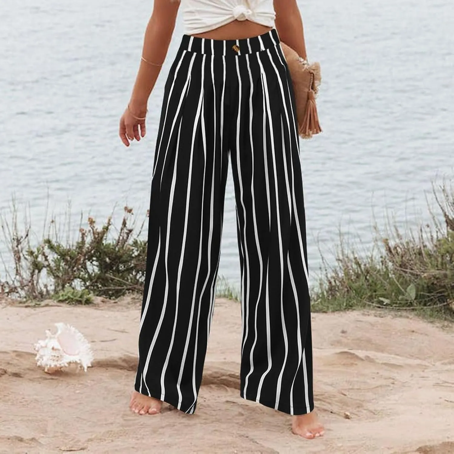 fanmpghleoo Striped Linen Pants Women Elastic Waist Wide Leg Lounge Pants with Pockets Casual Trendy Linen Palazzo Pants