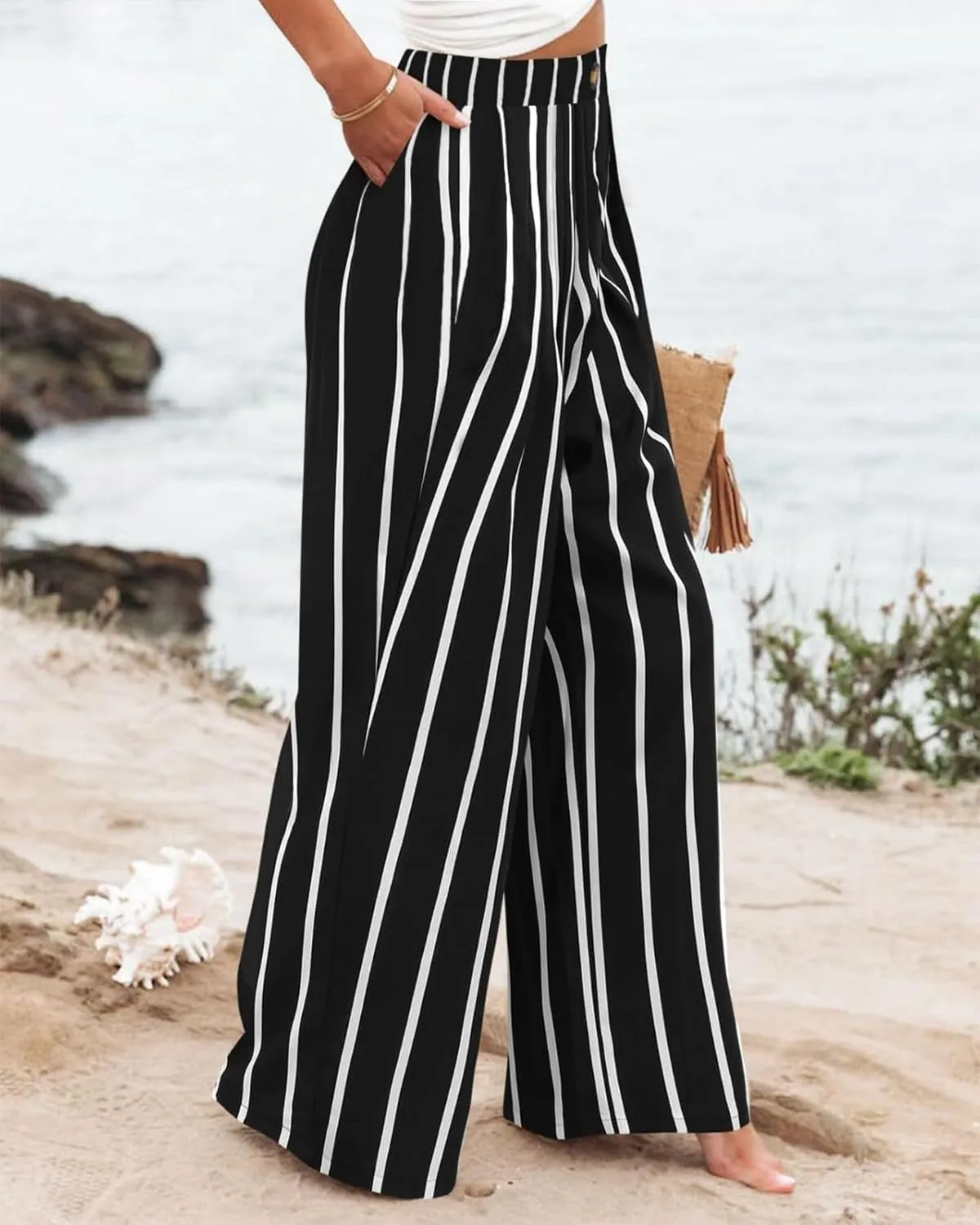 fanmpghleoo Striped Linen Pants Women Elastic Waist Wide Leg Lounge Pants with Pockets Casual Trendy Linen Palazzo Pants