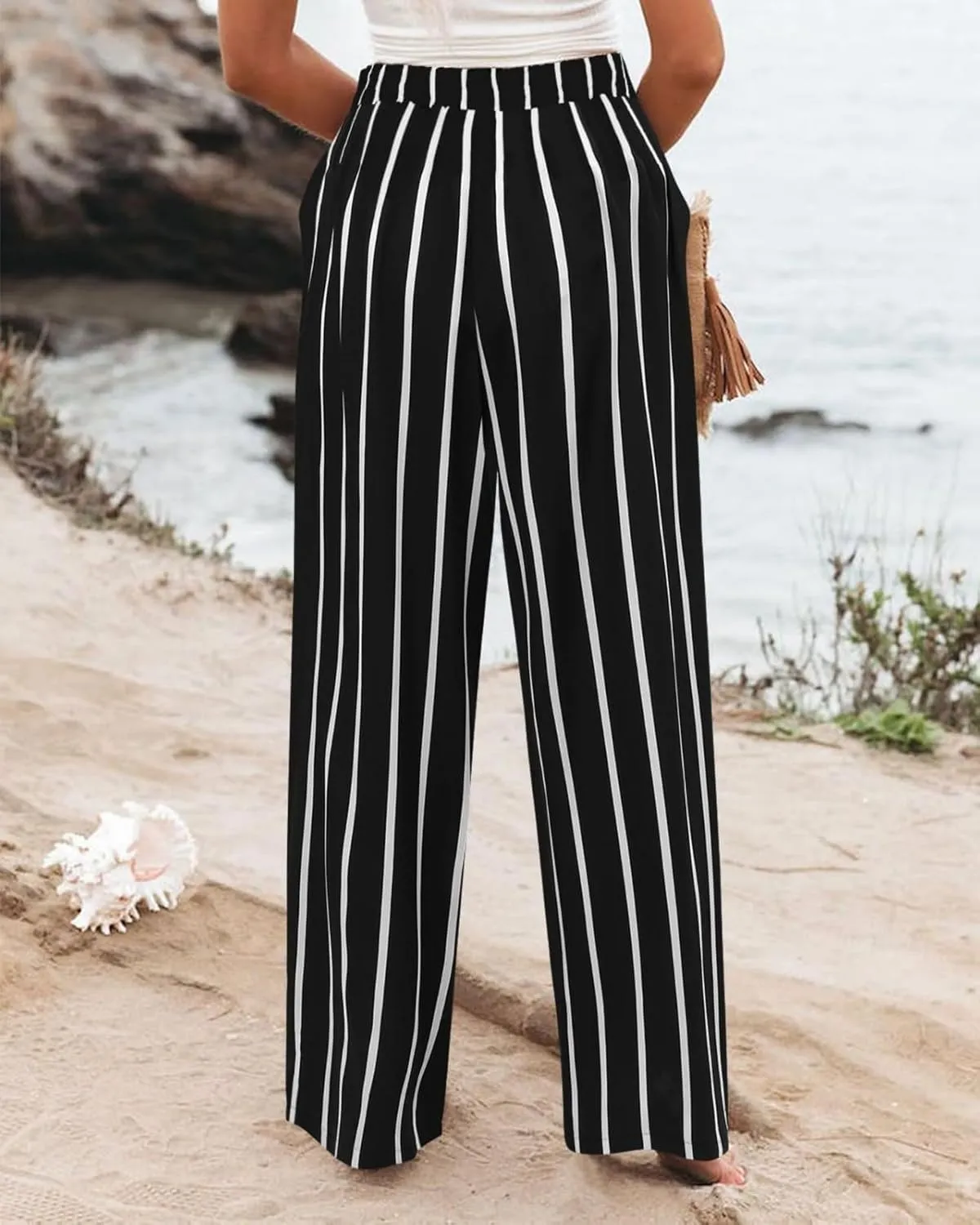 fanmpghleoo Striped Linen Pants Women Elastic Waist Wide Leg Lounge Pants with Pockets Casual Trendy Linen Palazzo Pants