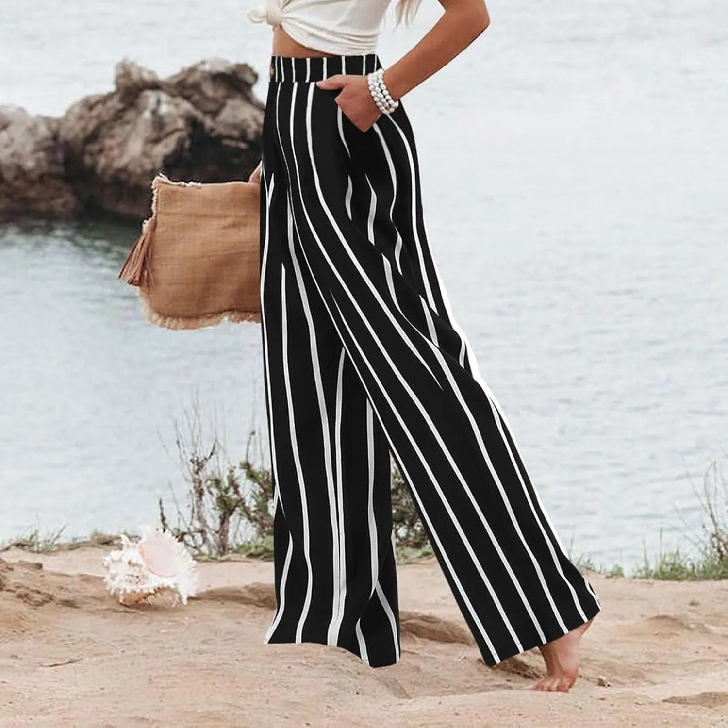 fanmpghleoo Striped Linen Pants Women Elastic Waist Wide Leg Lounge Pants with Pockets Casual Trendy Linen Palazzo Pants