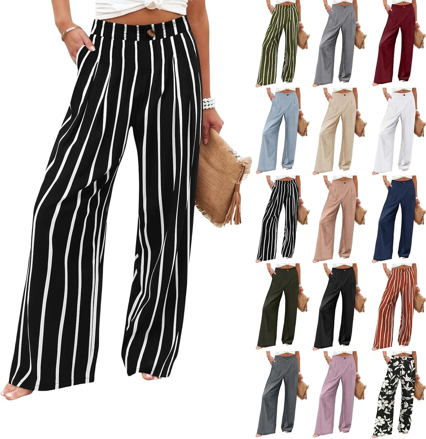 fanmpghleoo Striped Linen Pants Women Elastic Waist Wide Leg Lounge Pants with Pockets Casual Trendy Linen Palazzo Pants