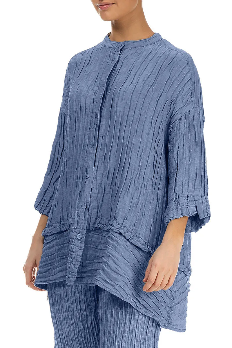 Flared Crinkled Blue Nova Silk Shirt